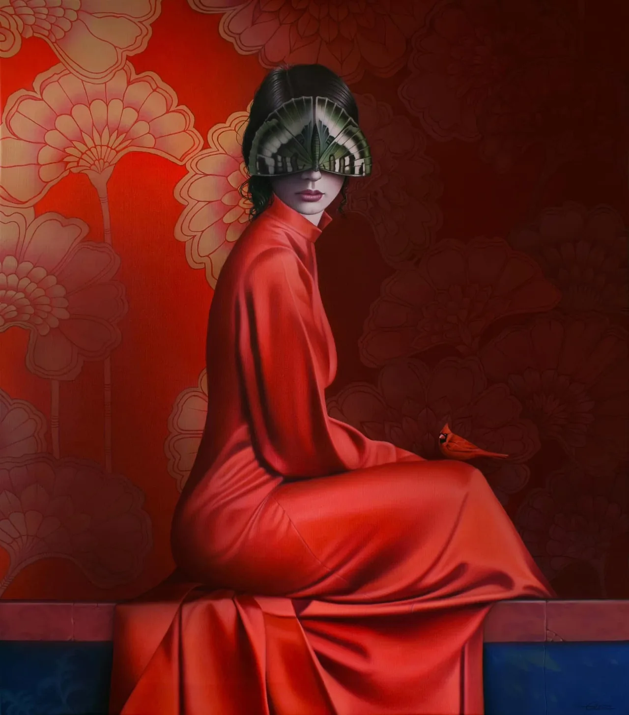 The Girl and the Cardinal, 2024, oil on canvas — painting by Osley Gil